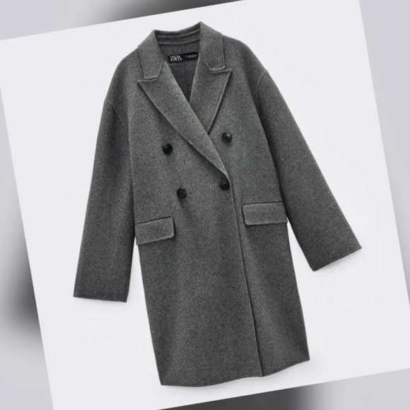 ZARA Women’s Oversized Wool Blend Gray Double Breasted Trench Coat - Picture 5 of 13